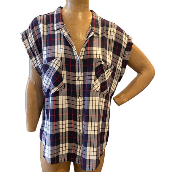 Jachs Girlfriend Quinn Cap Sleeve Button-Down Flannel Plaid Top XXL Blue #238V - Picture 3 of 8